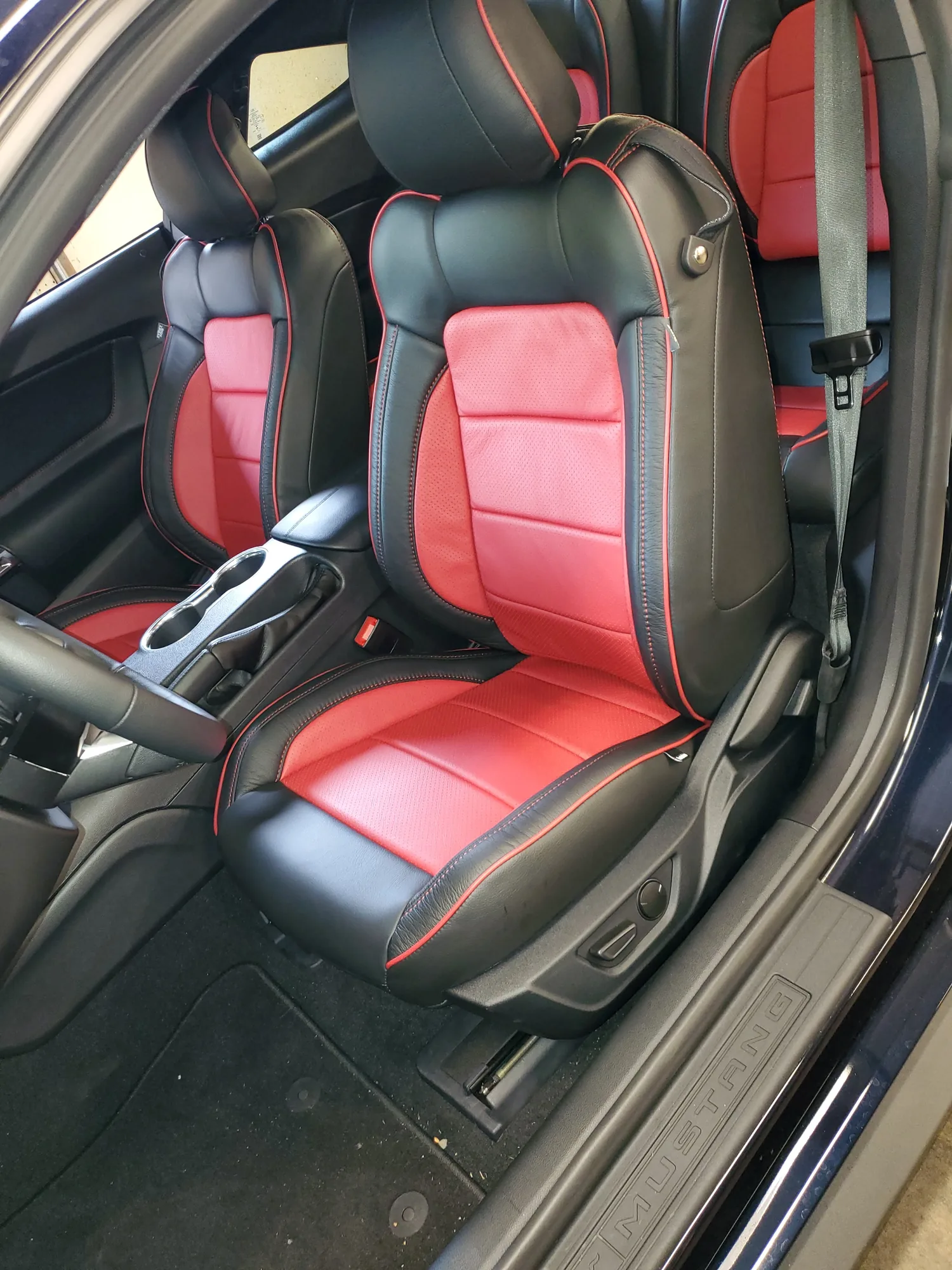 Piel Katzkin en negro con insertos rojos, alas de asiento rojas y ribete rojo